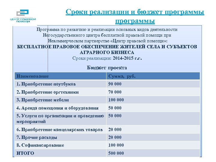 Сроки реализации и бюджет программы Программа по развитию и реализации основных видов деятельности Негосударственного