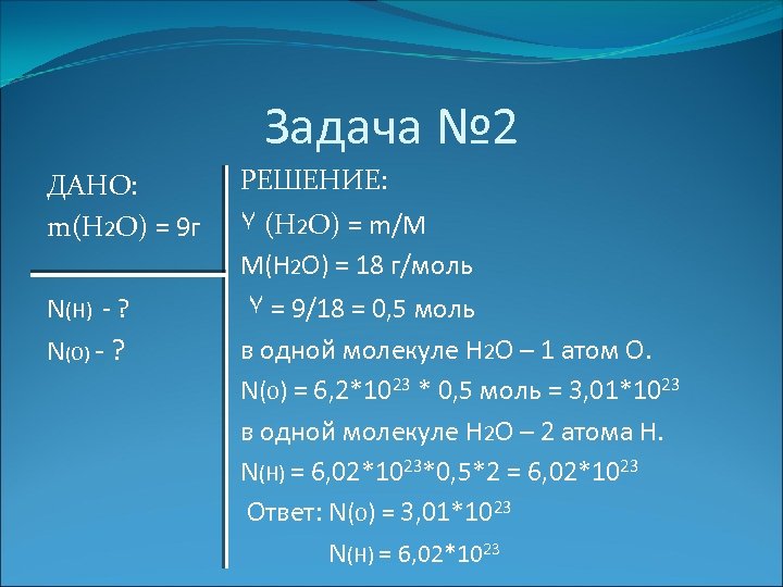 Задача № 2 ДАНО: m(H 2 O) = 9 г РЕШЕНИЕ: ٧ (H 2