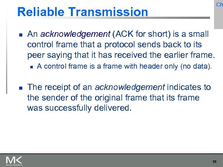 Ch Reliable Transmission An acknowledgement (ACK for short) is a small control frame that