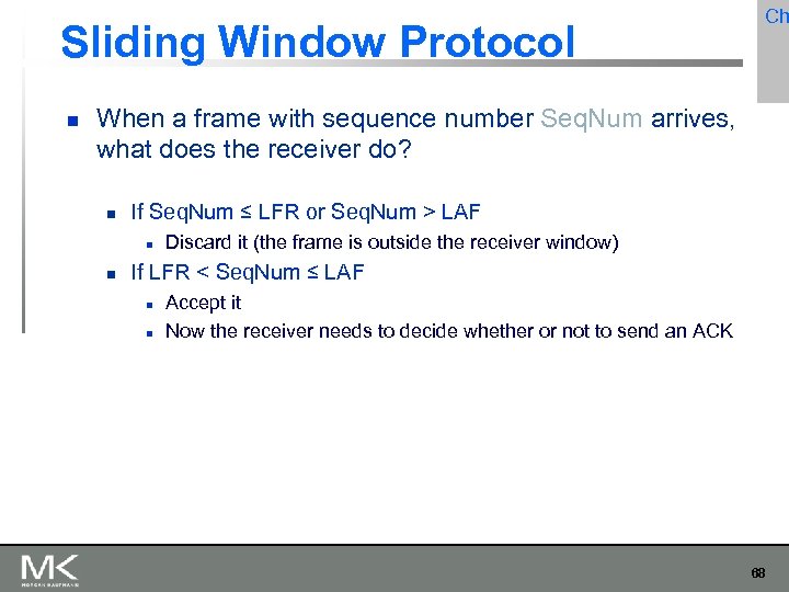 Sliding Window Protocol Ch When a frame with sequence number Seq. Num arrives, what