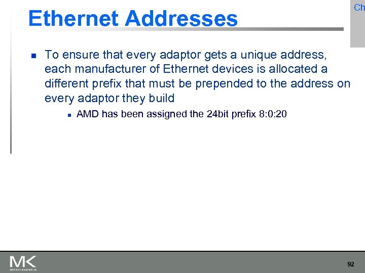 Ch Ethernet Addresses To ensure that every adaptor gets a unique address, each manufacturer