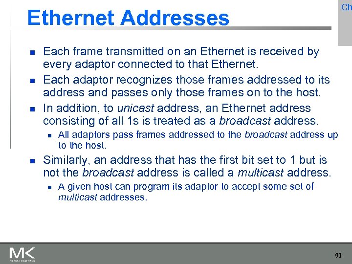 Ch Ethernet Addresses Each frame transmitted on an Ethernet is received by every adaptor