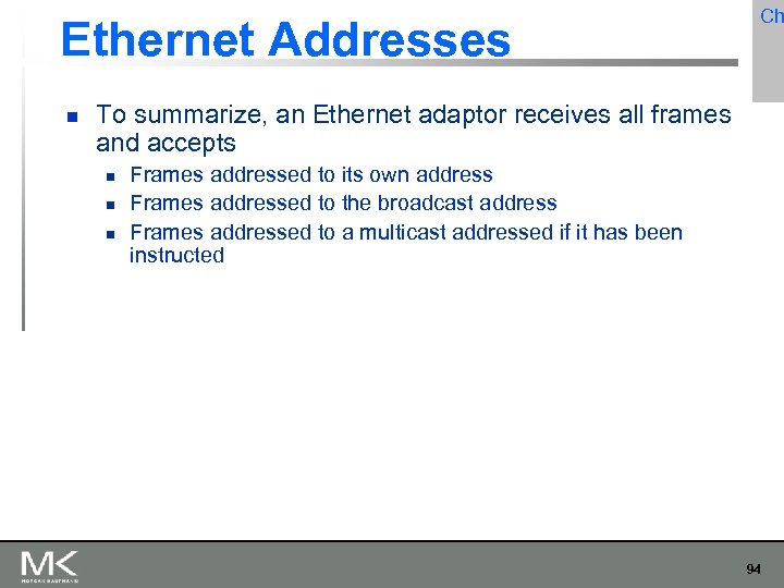 Ethernet Addresses Ch To summarize, an Ethernet adaptor receives all frames and accepts Frames