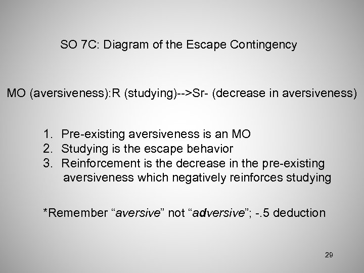 SO 7 C: Diagram of the Escape Contingency MO (aversiveness): R (studying)-->Sr- (decrease in
