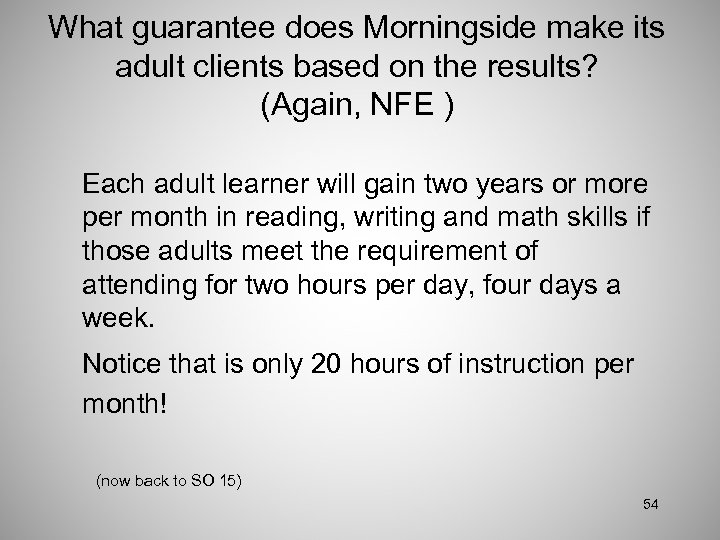 What guarantee does Morningside make its adult clients based on the results? (Again, NFE