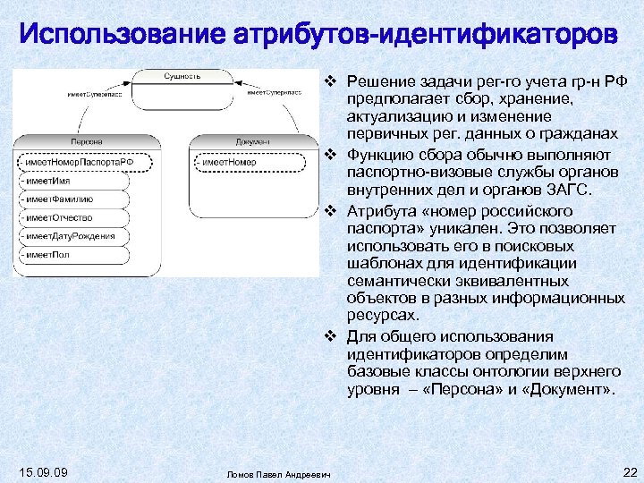 Использование атрибутов-идентификаторов Решение задачи рег-го учета гр-н РФ предполагает сбор, хранение, актуализацию и изменение