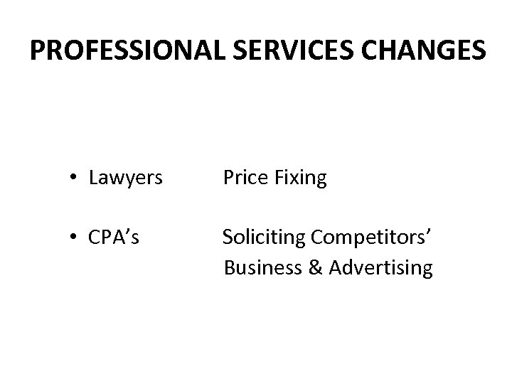 PROFESSIONAL SERVICES CHANGES • Lawyers Price Fixing • CPA’s Soliciting Competitors’ Business & Advertising