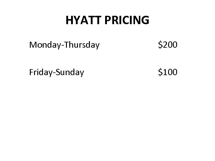 HYATT PRICING Monday-Thursday $200 Friday-Sunday $100 