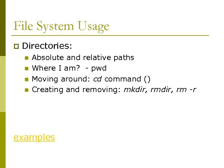 File System Usage p Directories: n n Absolute and relative paths Where I am?