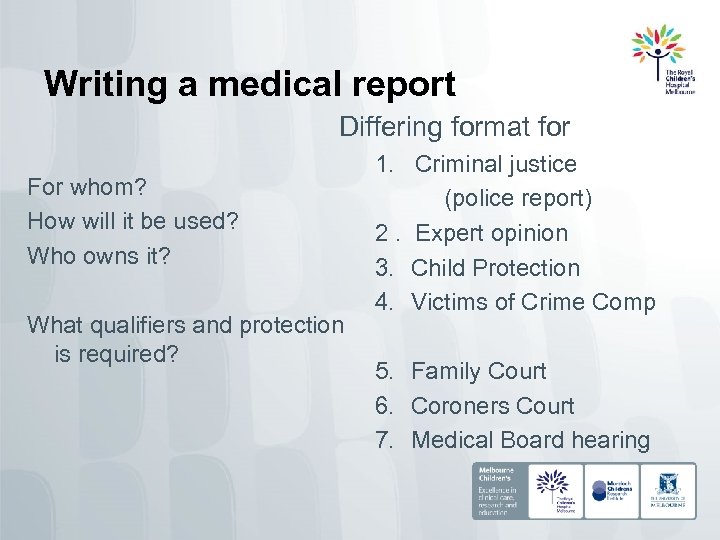 Writing a medical report Differing format for For whom? How will it be used?