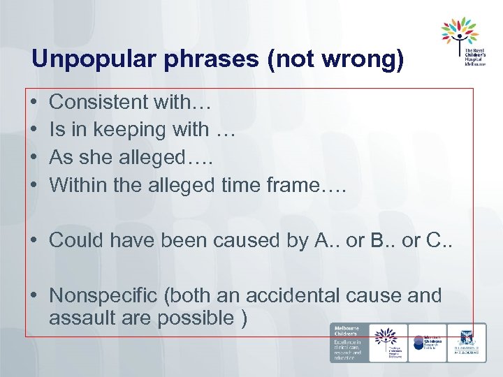 Unpopular phrases (not wrong) • • Consistent with… Is in keeping with … As