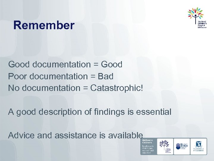 Remember Good documentation = Good Poor documentation = Bad No documentation = Catastrophic! A