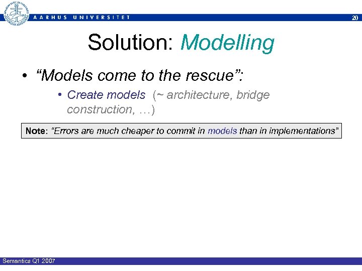 20 Solution: Modelling • “Models come to the rescue”: • Create models (~ architecture,