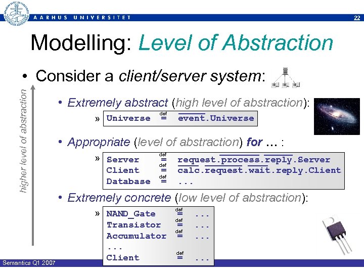 22 Modelling: Level of Abstraction higher level of abstraction • Consider a client/server system: