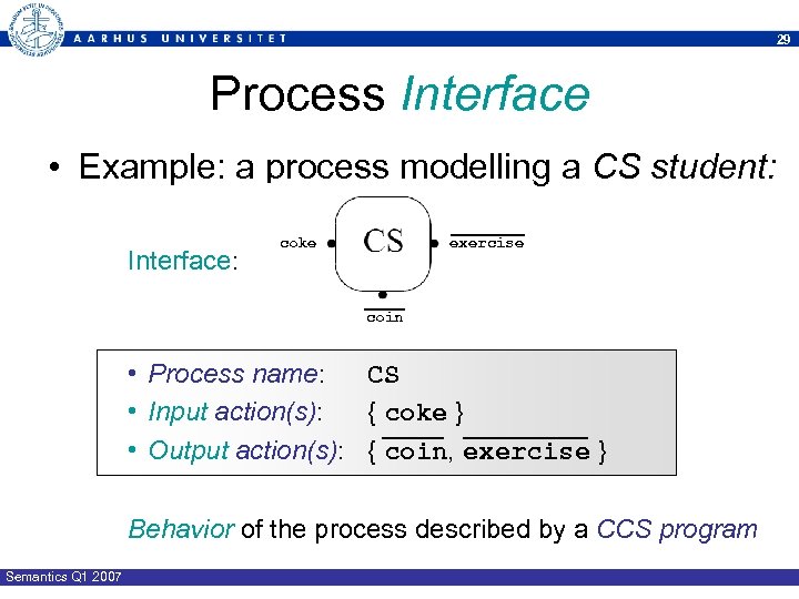 29 Process Interface • Example: a process modelling a CS student: Interface: coke exercise