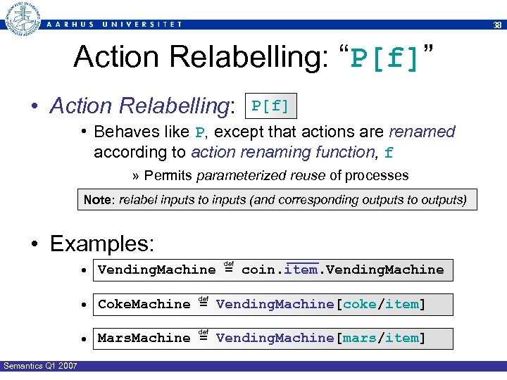 38 Action Relabelling: “P[f]” • Action Relabelling: P[f] • Behaves like P, except that