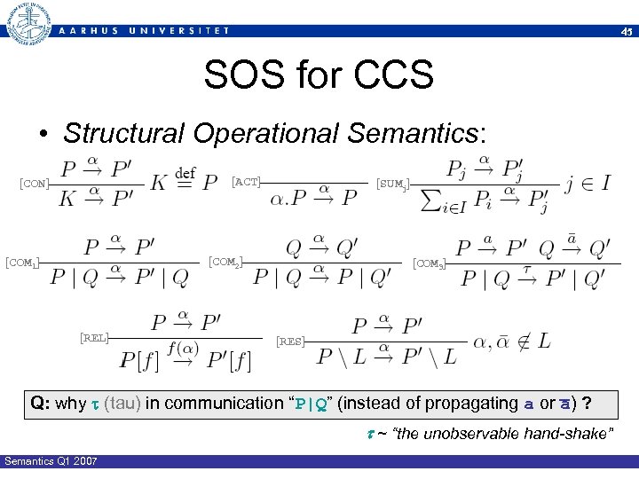 45 SOS for CCS • Structural Operational Semantics: [ACT] [CON] [SUMj] [COM 2] [COM