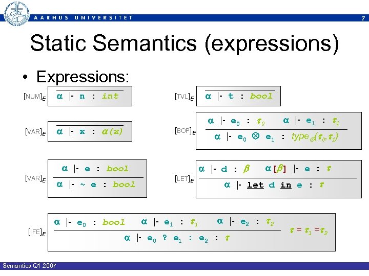 7 Static Semantics (expressions) • Expressions: |- n : int [NUM]E |- x :