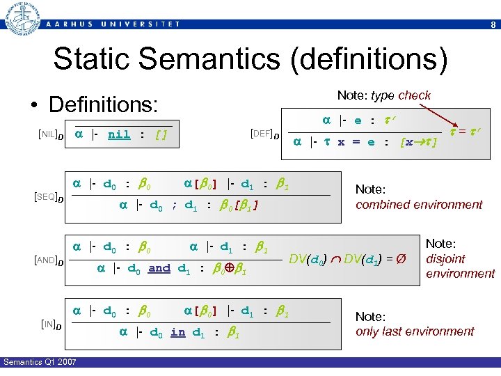 8 Static Semantics (definitions) Note: type check • Definitions: [NIL]D [SEQ]D [AND]D [IN]D |-