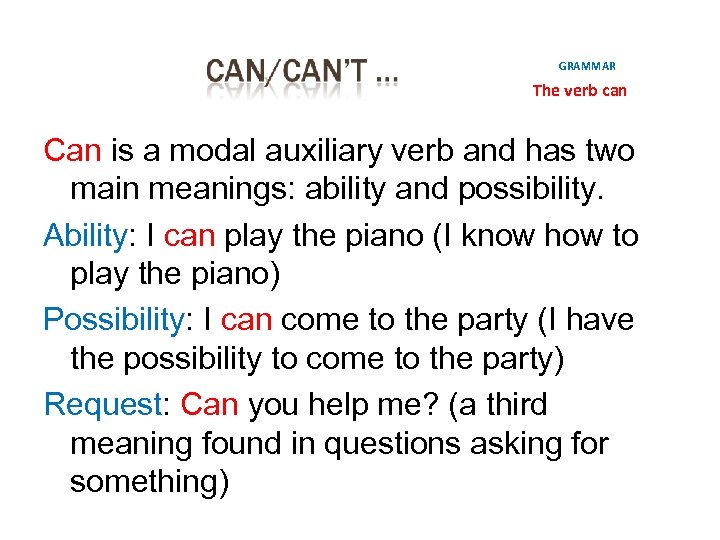 GRAMMAR The verb can Can is a modal auxiliary verb and has two main