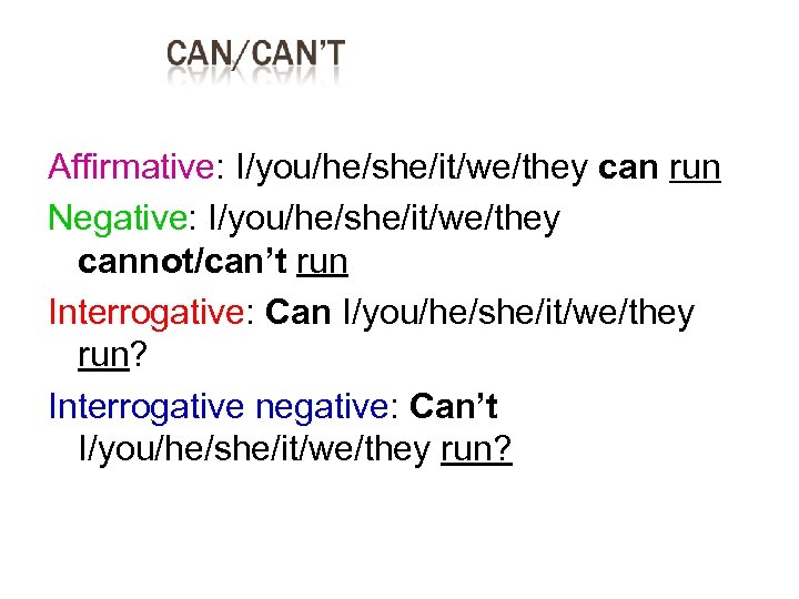 Affirmative: I/you/he/she/it/we/they can run Negative: I/you/he/she/it/we/they cannot/can’t run Interrogative: Can I/you/he/she/it/we/they run? Interrogative negative: