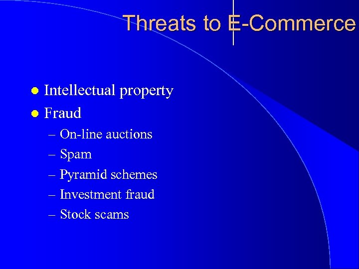 Threats to E-Commerce Intellectual property l Fraud l – On-line auctions – Spam –