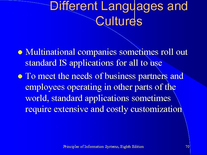 Different Languages and Cultures Multinational companies sometimes roll out standard IS applications for all