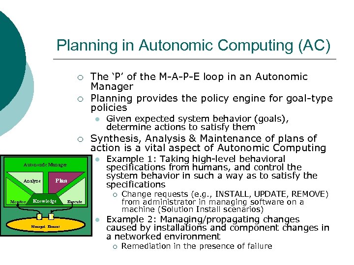 Planning in Autonomic Computing (AC) ¡ ¡ The ‘P’ of the M-A-P-E loop in
