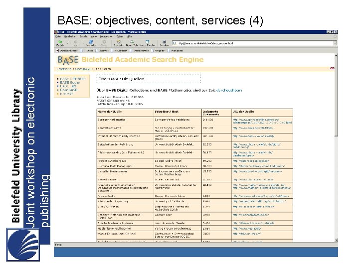 Joint workshop on electronic publishing BASE: objectives, content, services (4) 