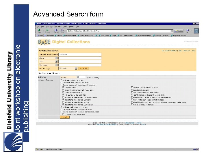 Joint workshop on electronic publishing Advanced Search form 