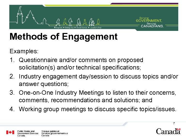 Methods of Engagement Examples: 1. Questionnaire and/or comments on proposed solicitation(s) and/or technical specifications;