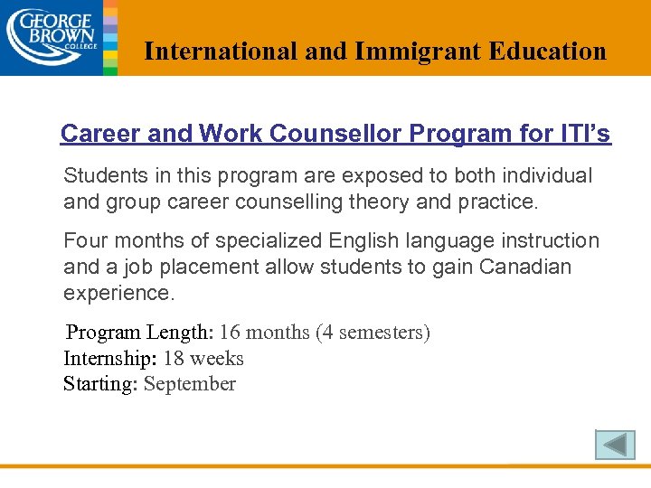 International and Immigrant Education Career and Work Counsellor Program for ITI’s Students in this