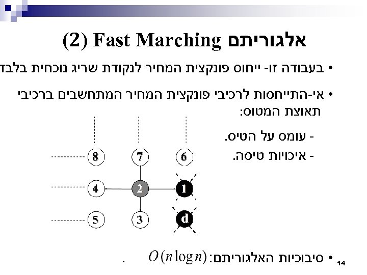  אלגוריתם (2) Fast Marching • בעבודה זו- ייחוס פונקצית המחיר לנקודת שריג נוכחית