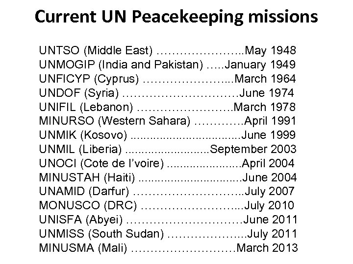 Current UN Peacekeeping missions UNTSO (Middle East) …………………. . May 1948 UNMOGIP (India and