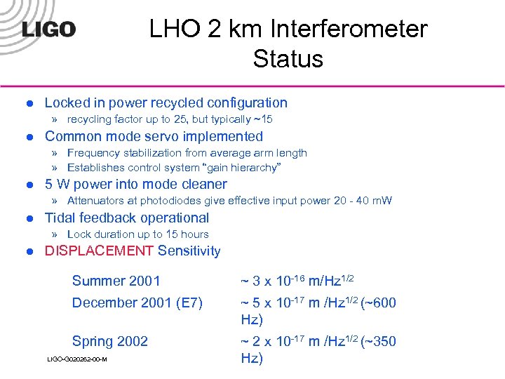 LHO 2 km Interferometer Status l Locked in power recycled configuration » recycling factor