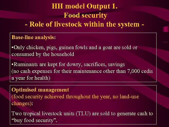 HH model Output 1. Food security - Role of livestock within the system Base-line