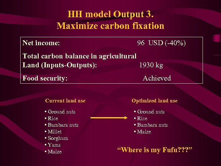 HH model Output 3. Maximize carbon fixation Net income: 96 USD (-40%) Total carbon