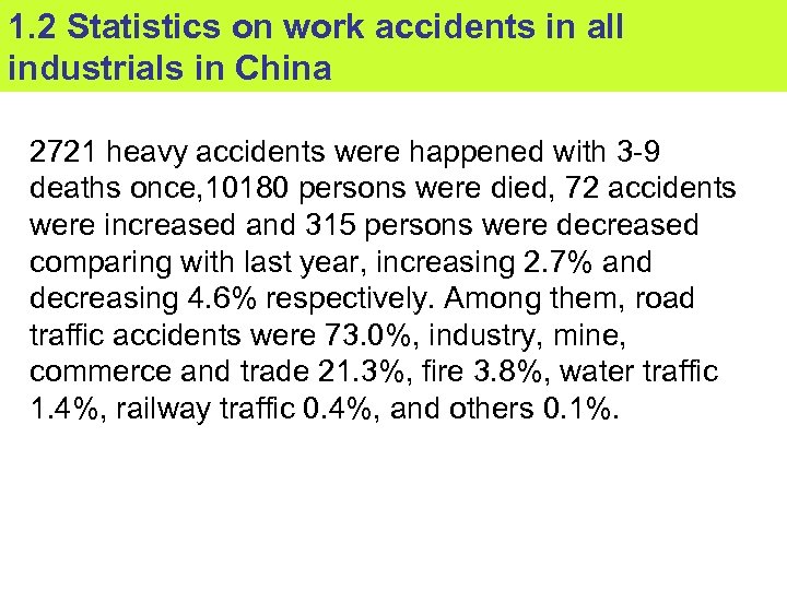 1. 2 Statistics on work accidents in all industrials in China 2721 heavy accidents