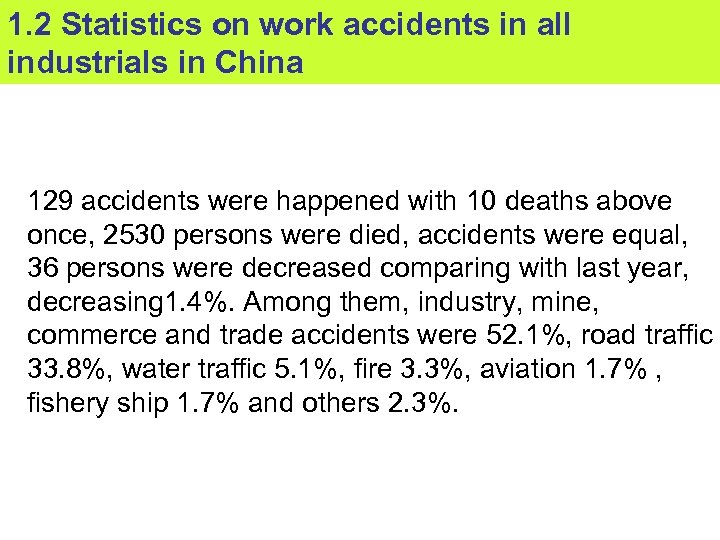 1. 2 Statistics on work accidents in all industrials in China 129 accidents were