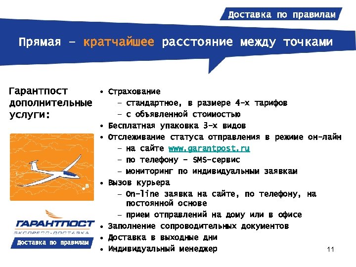 Доставка по правилам Прямая – кратчайшее расстояние между точками • Гарантпост дополнительные услуги: •