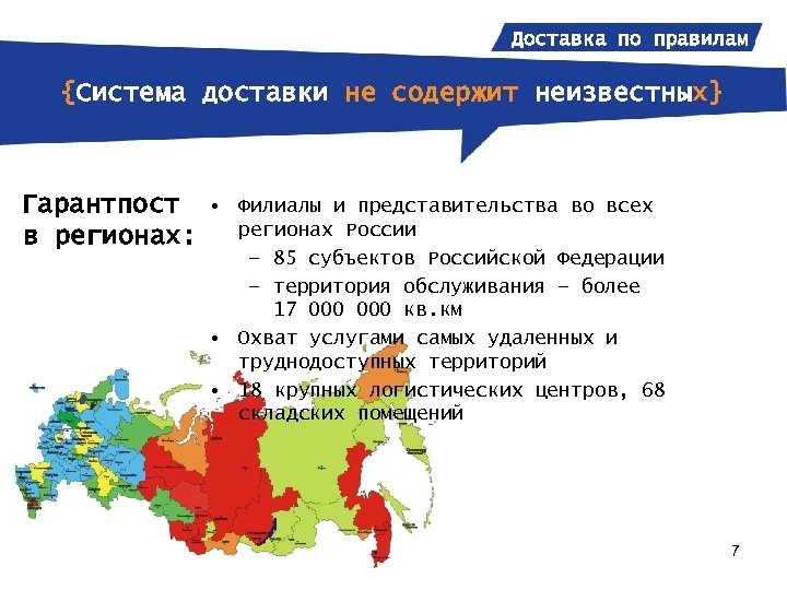 Доставка по правилам {Система доставки не содержит неизвестных} Гарантпост в регионах: • Филиалы и