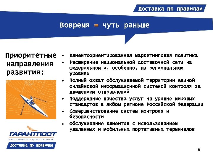Доставка по правилам Вовремя = чуть раньше Приоритетные направления развития: • • • Доставка