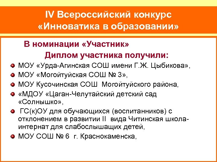 IV Всероссийский конкурс «Инноватика в образовании» В номинации «Участник» Диплом участника получили: МОУ «Урда-Агинская