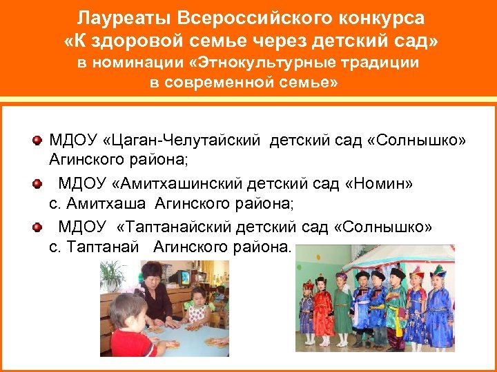 Лауреаты Всероссийского конкурса «К здоровой семье через детский сад» в номинации «Этнокультурные традиции в
