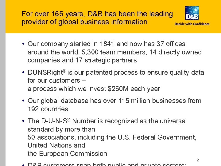 For over 165 years, D&B has been the leading provider of global business information