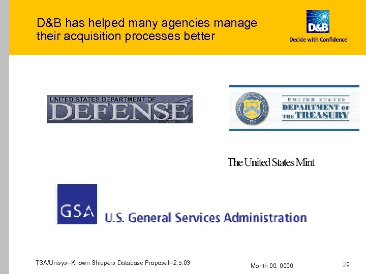 D&B has helped many agencies manage their acquisition processes better TSA/Unisys--Known Shippers Database Proposal--2.