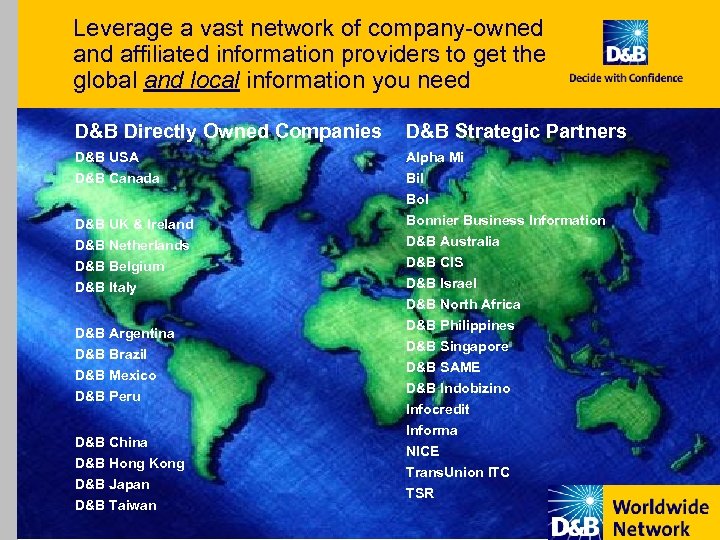 Leverage a vast network of company-owned and affiliated information providers to get the global