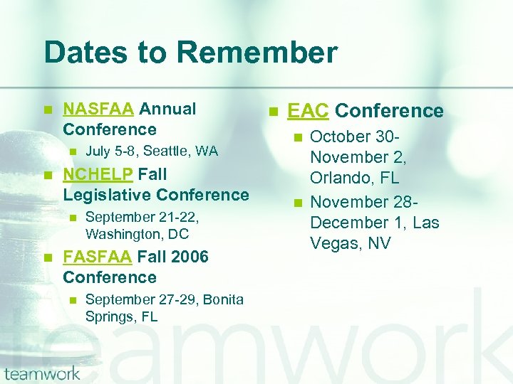 Dates to Remember n NASFAA Annual Conference n n NCHELP Fall Legislative Conference n
