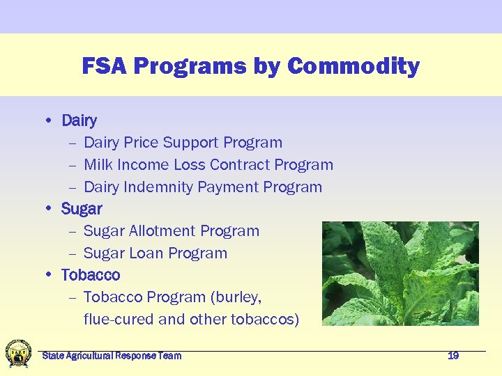 FSA Programs by Commodity • Dairy – Dairy Price Support Program – Milk Income