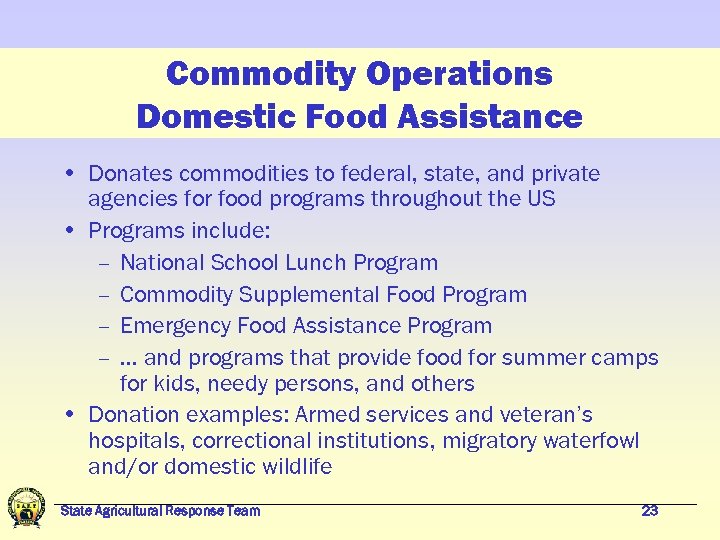 Commodity Operations Domestic Food Assistance • Donates commodities to federal, state, and private agencies